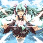  detached_sleeves floating_hair green_eyes green_hair hatsune_miku headset heart long_hair necktie open_mouth skirt solo thighhighs tom_(drpow) twintails very_long_hair vocaloid 