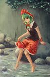  barefoot blouse front_ponytail green_hair grey_background hair_ribbon highres kagiyama_hina leaf light_smile long_hair looking_at_viewer qunqing red_eyes ribbon rock sitting sitting_on_object skirt skirt_hold soaking_feet solo stream touhou tree_branch water wrist_ribbon 