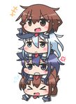  &gt;_&lt; :&lt; :d akatsuki_(kantai_collection) anger_vein blue_eyes blue_hair brown_eyes brown_hair chibi clenched_teeth closed_eyes dress fang feiton folded_ponytail hair_ornament hairclip hat hibiki_(kantai_collection) human_tower ikazuchi_(kantai_collection) inazuma_(kantai_collection) kantai_collection multiple_girls open_mouth purple_eyes purple_hair school_uniform serafuku smile stacking sweatdrop teeth trembling 