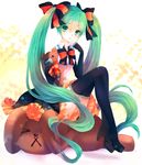  bad_id bad_pixiv_id boots bow bowtie detached_sleeves green_eyes green_hair hair_bow hatsune_miku high_heels highres long_hair nail_polish q-chiang sitting skirt smile solo stuffed_animal stuffed_toy teddy_bear thigh_boots thighhighs twintails very_long_hair vocaloid 