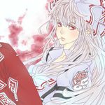  bow cigarette fujiwara_no_mokou hair_bow hair_ribbon highres long_hair pants poruhi red_eyes ribbon silver_hair solo suspenders touhou white_hair 