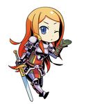  armor blonde_hair blue_eyes breastplate chibi gauntlets gloves leg_armor long_hair one_eye_closed paladin_(sekaiju) pauldrons sekaiju_no_meikyuu simple_background solo sword tenjin weapon 