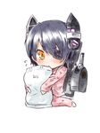  bad_id bad_pixiv_id chibi eyepatch flying_sweatdrops headgear highres holding holding_pillow kantai_collection kneeling pajamas paopao pillow pillow_hug purple_hair short_hair simple_background sketch solo tenryuu_(kantai_collection) white_background yellow_eyes 