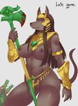  animal_ears armlet armor belly_chain black_hair blood bottomless breasts dark_nipples dark_skin dog_ears dog_tail exaxuxer forehead_protector furry genderswap genderswap_(mtf) highres huge_breasts jewelry league_of_legends long_hair nasus naughty_face navel nipples polearm red_eyes renekton snout solo_focus tail tongue tongue_out vambraces weapon 