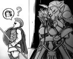  2girls armor diana_(league_of_legends) forehead_protector greyscale kiss league_of_legends leona_(league_of_legends) long_hair monochrome multiple_girls oldlim pantheon_(league_of_legends) shield weapon yuri 
