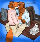  anthro bear black_nose brown_fur cameronwolfe canine duo fox fur gay imminent_sex kissing male mammal office 