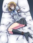  1girl bdsm black_legwear bondage bound brown_eyes brown_hair devil_survivor_2 kneehighs megami_ibunroku_devil_survivor nitta_io pillow sakuraba_tsukasa school_uniform short_hair 