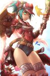  1girl :&lt; belt blush buruma daimyo_hermitaur gauntlets green_eyes green_hair heart hermitaur_(armor) monster_hunter shield short_hair solo sword tsukigami_chronica weapon 