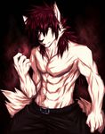  anthro belt biceps black_nose canine clothed clothing flexing fur hair half-dressed kiba-wolf male mammal muscles pants pecs pose red_eyes red_hair solo standing toned topless white_fur wolf 