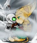  chitterbox clank clothed clothing fur gloves green_eyes ice lombax machine male mechanical mist ratchet ratchet_and_clank robot sad side_view standing tail_tuft topless tuft yellow_fur 