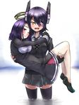  blush carrying doyouwantto eyepatch fingerless_gloves gloves headgear hug kantai_collection loafers mechanical_halo multiple_girls no_socks one_eye_closed open_mouth princess_carry purple_hair red_eyes school_uniform shoes short_hair smile tatsuta_(kantai_collection) tenryuu_(kantai_collection) thighhighs water yuri 