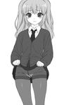  alternate_costume blush boku_wa_tomodachi_ga_sukunai cardigan dress_shirt embarrassed frown greyscale gusset hasegawa_kobato highres long_hair looking_at_viewer lowleg lowleg_panties miniskirt monochrome necktie panties panties_under_pantyhose pantyhose pleated_skirt school_uniform shichimenchou shirt skirt skirt_lift solo st._chronica_academy_uniform standing tears thighband_pantyhose two_side_up underwear 