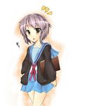  blue_skirt cardigan kita_high_school_uniform nagato_yuki school_uniform serafuku short_hair silver_hair skirt solo surikogi suzumiya_haruhi_no_yuuutsu 