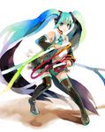  blue_eyes boots detached_sleeves green_hair hatsune_miku headphones long_hair microphone necktie otosume_ruiko skirt solo spring_onion thigh_boots thighhighs twintails very_long_hair vocaloid zettai_ryouiki 