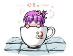  crescent crescent_hair_ornament cup fechirin hair_ornament in_container in_cup minigirl mukyuu patchouli_knowledge purple_eyes purple_hair solo teacup touhou 