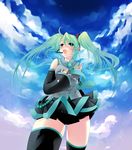  ainili bad_id bad_pixiv_id cloud detached_sleeves green_eyes green_hair hatsune_miku headset long_hair necktie skirt sky solo thighhighs twintails vocaloid 