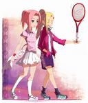  balancing banned_artist blonde_hair green_eyes haruno_sakura multiple_girls naruto naruto_(series) pink_hair racket tennis tennis_racket yamanaka_ino yokige 