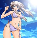  artist_request bikini blue_eyes breasts brown_hair cleavage cloud copyright_request covered_nipples day large_breasts long_hair navel side-tie_bikini sky solo swimsuit twintails undressing 