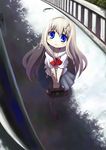  ahoge bag blue_eyes blush from_above long_hair looking_up minami_juujisei original school_bag school_uniform skirt smile solo thighhighs 