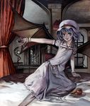  :d bat_wings bed bed_sheet curtains hat indoors kneeling looking_at_viewer mizuta_kenji mob_cap on_bed open_mouth puffy_short_sleeves puffy_sleeves red_eyes remilia_scarlet short_sleeves silver_hair smile solo touhou traditional_media wings 