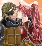  1girl aozora_kyuuji armor blush eyepatch fire_emblem fire_emblem:_akatsuki_no_megami fire_emblem:_souen_no_kiseki gloves haar hand_on_shoulder hetero imminent_kiss jill_(fire_emblem) long_hair lowres open_mouth package ponytail red_eyes red_hair 