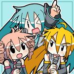  akita_neru aqua_hair blush chibi chibi_miku crossover drill_hair hatsune_miku kasane_teto long_hair microphone minami_(colorful_palette) multiple_girls music one_eye_closed singing triple_baka_(vocaloid) twin_drills twintails utau vocaloid 