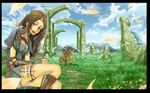  2girls bad_id bad_pixiv_id blue_eyes brown_hair cloud copyright_request day fantasy feathers grass highres horse horseback_riding katou_taira long_hair multiple_boys multiple_girls open_mouth riding scenery sky tattoo wallpaper 