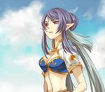  blue_hair breasts cleavage day judith large_breasts midriff miho_(mi) outdoors pointy_ears purple_eyes sky solo tales_of_(series) tales_of_vesperia 
