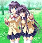  blue_eyes clannad fujibayashi_kyou fujibayashi_ryou hair_ribbon hikarizaka_private_high_school_uniform long_hair multiple_girls otoki_raku purple_eyes purple_hair ribbon school_uniform short_hair siblings sisters thighhighs twins v zettai_ryouiki 