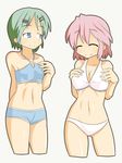  bikini blue_eyes breasts closed_eyes green_hair hair_ornament hairclip happy iwasaki_honoka lucky_star multiple_girls pink_hair shing_(sorairo_factory) short_hair small_breasts smile swimsuit takara_yukari 