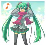  green_hair hands_on_headphones hatsune_miku headphones listening_to_music long_hair musical_note nakune scarf solo thighhighs twintails very_long_hair vocaloid 