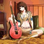  bad_id bad_pixiv_id bandeau belt boots brown_eyes brown_hair copyright_request guitar highres instrument midriff mta short_hair shorts smile solo strapless tubetop 