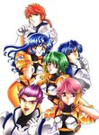  3girls arumacchi arwynn_dorstein blue_hair breasts glasses gloves green_hair hector_madison irmgult_kazahara long_hair medium_breasts mina_likering multiple_boys multiple_girls orange_hair patricia_hackman pilot_suit pink_hair purple_hair ring_mao short_hair super_robot_wars super_robot_wars_f 