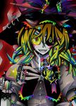  acid_trip bad_id bad_pixiv_id black_sclera blonde_hair bracelet brass_knuckles buttons collar colorful dress_shirt earrings gloves hat heterochromia highres jewelry kirisame_marisa mismatched_sclera multicolored_hair ninomae ribbon ring shirt smile solo spirit star touhou weapon witch_hat zipper 