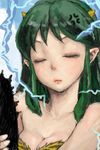  anger_vein animal_print bad_id bad_pixiv_id breasts cleavage closed_eyes electricity green_hair horns lips long_hair lum medium_breasts oni pointy_ears pon solo_focus tiger_print upper_body urusei_yatsura 