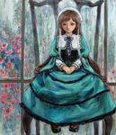  bad_id bad_pixiv_id brown_hair chair dress hairband heterochromia highres long_hair rozen_maiden solo suiseiseki tafuto traditional_media 