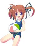  :d ball barefoot beachball blue_eyes blush brown_hair cowboy_shot hair_ribbon looking_at_viewer lyrical_nanoha mahou_shoujo_lyrical_nanoha one-piece_swimsuit open_mouth ribbon short_hair sidelocks simple_background smile solo sw swimsuit takamachi_nanoha twintails white_background 