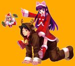  2girls all_fours animal_ears bell blue_eyes capelet cat_ears christmas haiji hazuki_(tsukuyomi) long_hair minigirl morioka_kouhei multiple_girls purple_hair reindeer riding santa_costume sitting sitting_on_person tetsukuzu_tetsuko tsukuyomi_moonphase 