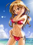  adjusting_hair bikini blush brown_eyes brown_hair cowboy_shot day front-tie_top katahira_masashi long_hair ocean original side-tie_bikini sketch solo string_bikini swimsuit 