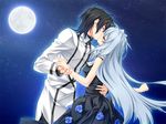  1girl ashe_(under_the_moon) black_hair blue_flower blue_hair blue_rose closed_eyes couple dancing dress flower game_cg hetero kiss long_hair moon night rose star toujou_sakana under_the_moon very_long_hair 