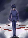  blood dorisan glowing glowing_eyes knife male_focus nanaya_shiki reverse_grip school_uniform snow solo toono_shiki tsukihime 