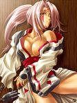  amputee baiken bare_shoulders breasts cleavage guilty_gear hair_in_mouth japanese_clothes kagehara_hanzou katana large_breasts one-eyed pink_hair ponytail scar scar_across_eye solo sword tattoo weapon 