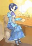  aiko_(renkin_san-kyuu_magical_pokaan) android asasow blue_eyes blue_hair chair dress glasses renkin_san-kyuu_magical_pokaan sitting smile solo 