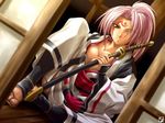  baiken breasts cleavage guilty_gear japanese_clothes kagehara_hanzou katana large_breasts one-eyed pink_hair ponytail scar scar_across_eye sheath sheathed sitting solo sword tattoo toeless_legwear weapon 