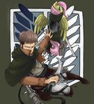  attack_on_titan belt blue_eyes brown_hair clothed clothing crest crossover duo equine female feral fluttershy_(mlp) friendship_is_magic fur hair hat hood human insanitylittlered jacket jean_kirstein long_hair looking_at_viewer looking_back male mammal my_little_pony open_mouth pegasus pink_hair shirt sword weapon wings yellow_fur 