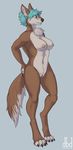  anthro black_nose breasts canine chest_tuft claws dbd female fur hands_on_hips looking_away mammal nipples nude plain_background pussy solo standing teal_hair toe_claws tuft wolf 