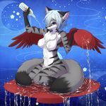  anthro beverage blue_background blue_eyes blush breasts canine ear_piercing female fox fur grey_fur ingi kneeling mammal nipples nude piercing plain_background red_feathers sake solo striped_fur twin_tails twintails wings 