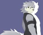  armband beat_you_(artist) biceps big_muscles canine clothing dog dog_tags fur grey_fur grey_hair hair husky kouya_aotsuki looking_at_viewer male mammal morenatsu muscles plain_background shirt smile solo tank_top yellow_eyes 