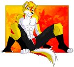  abs anthro biceps black_nose boxers canine chest_tuft clothing fur gloves grin looking_at_viewer male mammal muscles pecs pose red_eyes red_fur sapphwolf_(artist) shorts sitting smile socks solo topless tuft underwear white_fur wolf yellow_fur 