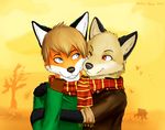  anthro autumn black_nose blue_eyes brown_eyes brown_hair canine clothed clothing couple cuddling cute duo fox fur gay hair hands lan male mammal one_eye_closed outside park rafael scarf shirt tan_fur wink wolf zeta-haru 